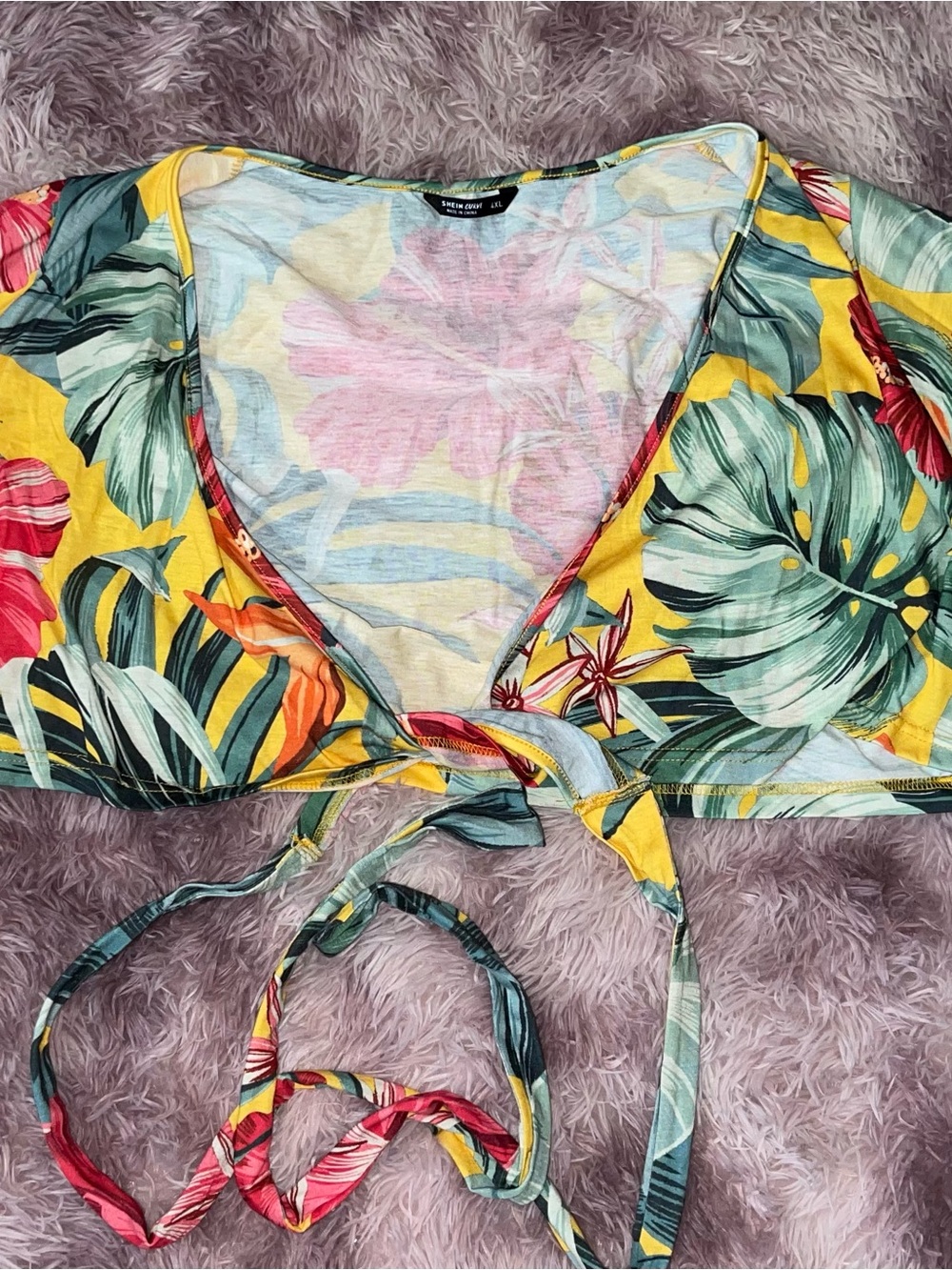 Yellow Tropical Tie-Front Crop Top with Leaf Print